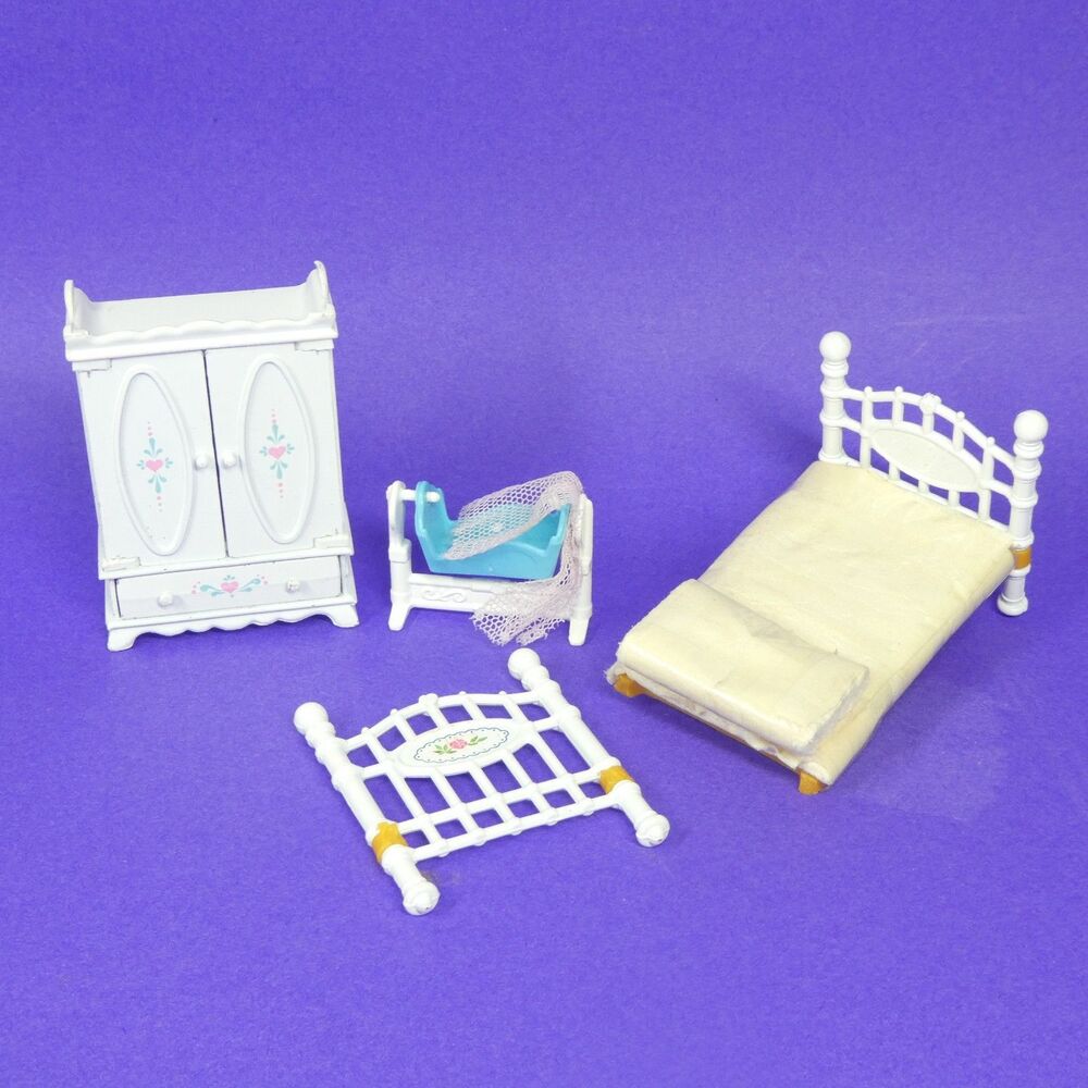 Mattel Littles Dollhouse Furniture - Bed Cradle Wardrobe - Diecast Metal Vintage